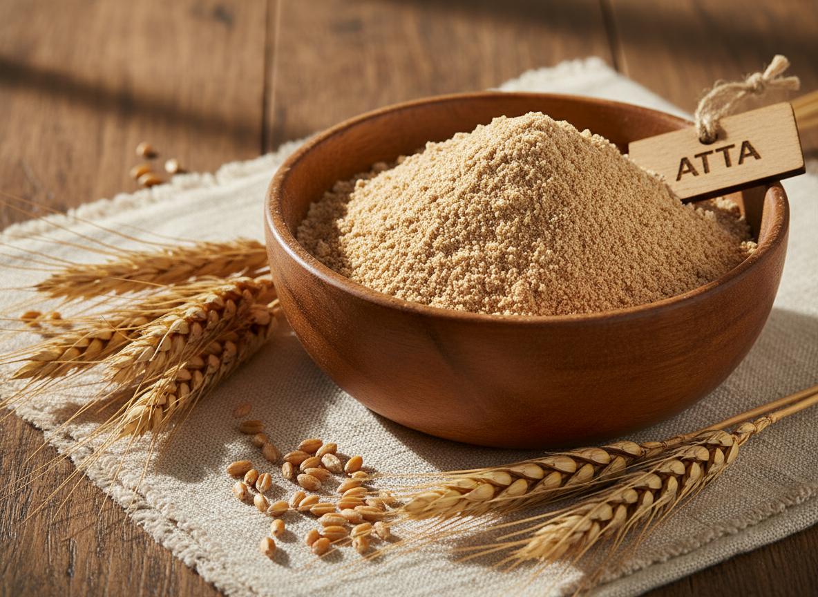 A bowl of flour surrounded by wheat grains on a wooden table