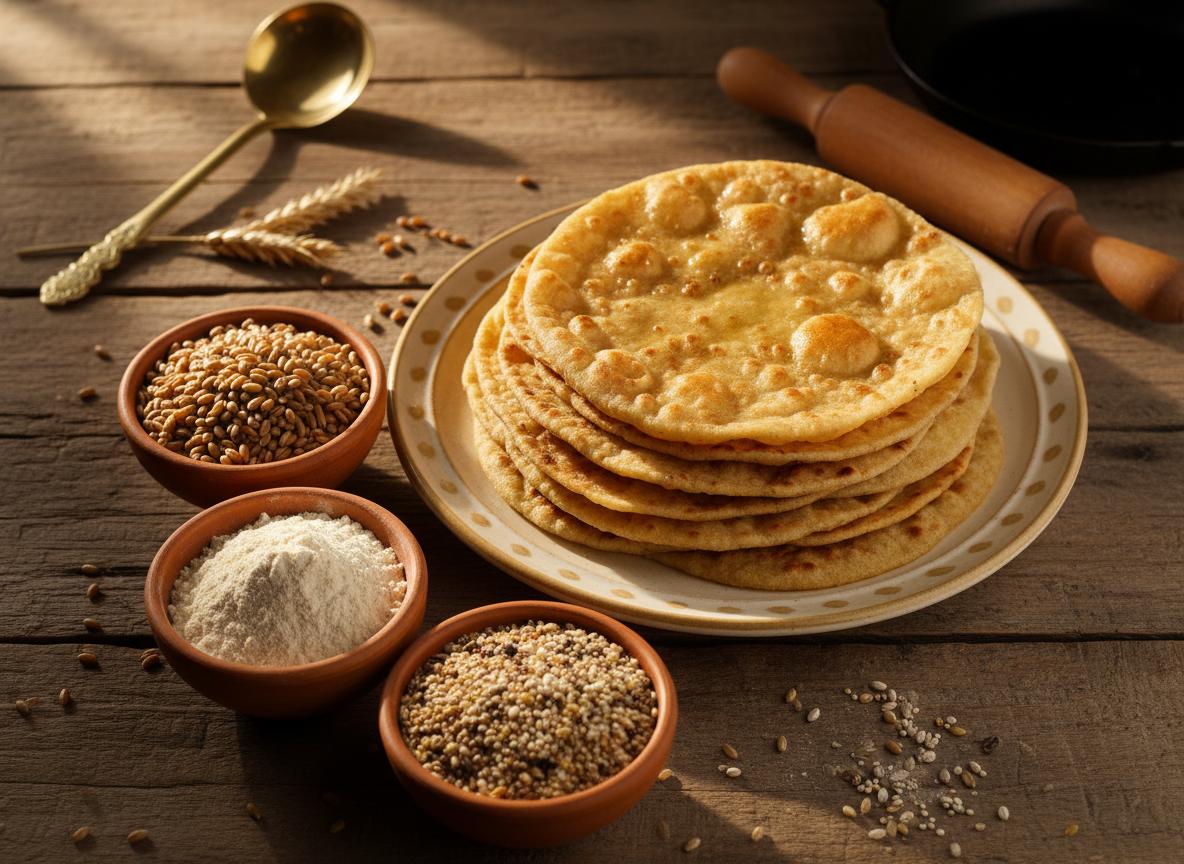 A table with freshly prepared rotis and bowls of grains and flour